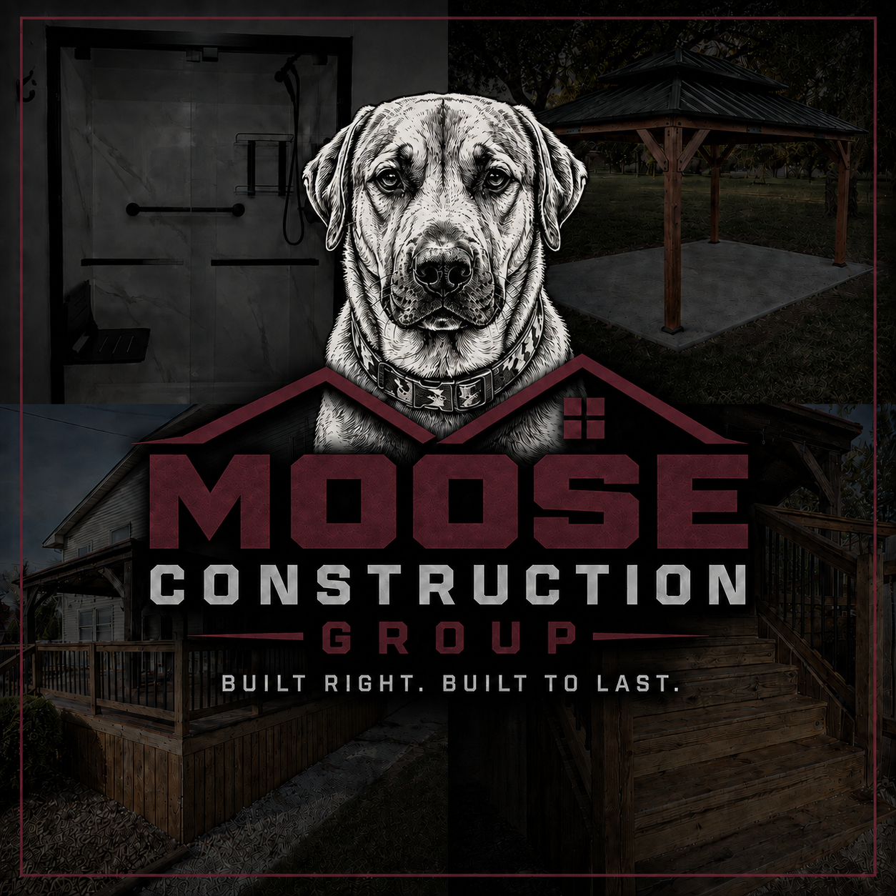 Moose Construction Group mark featuring Moose with completed construction projects