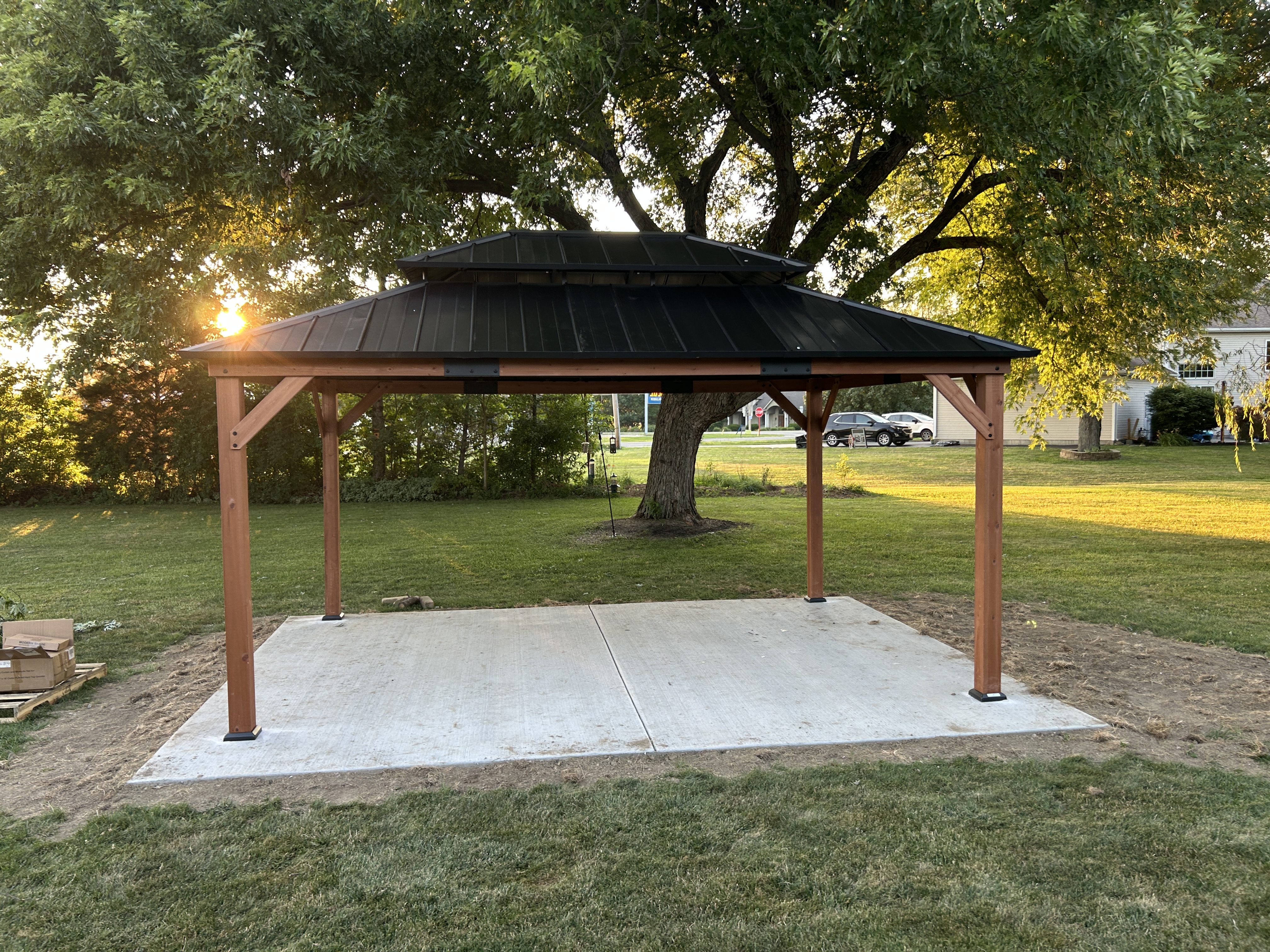 Completed backyard gazebo installation viewed from the front